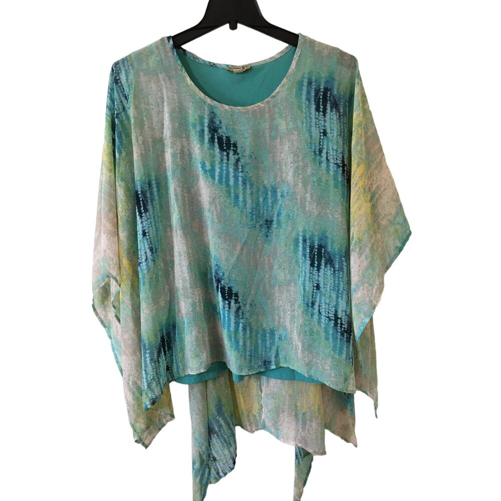 One World 2X Turquoise Blue with Flowing Chiffon Asymmetrical Open Back Top Lay